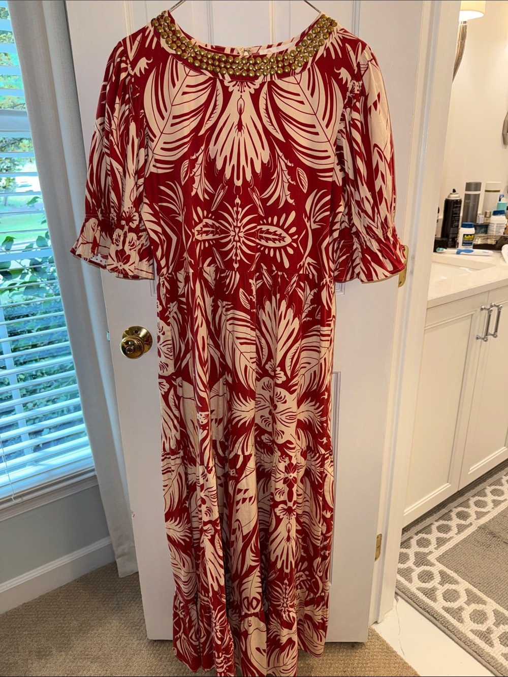 Rust and Cream Floral Maxi Dress with Embellished Neckline